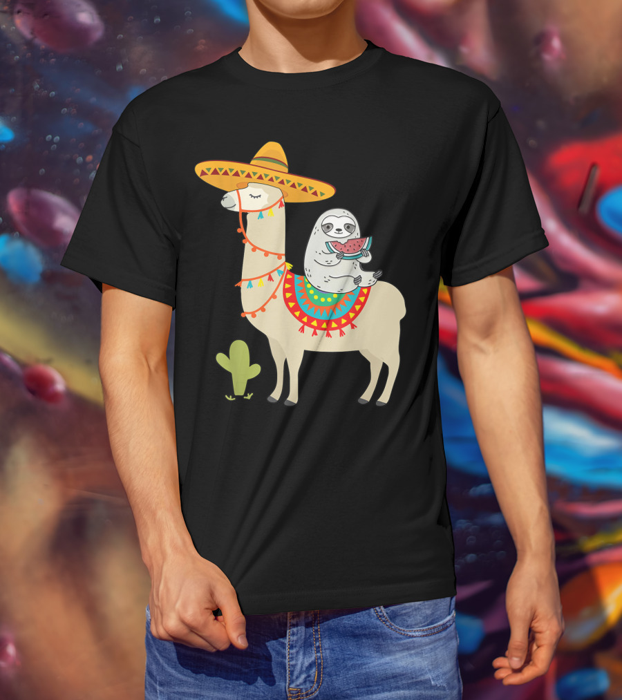 Cinco De Mayo Sloth Riding Llama Fiesta With Sombrero And Cactus T-Shirt