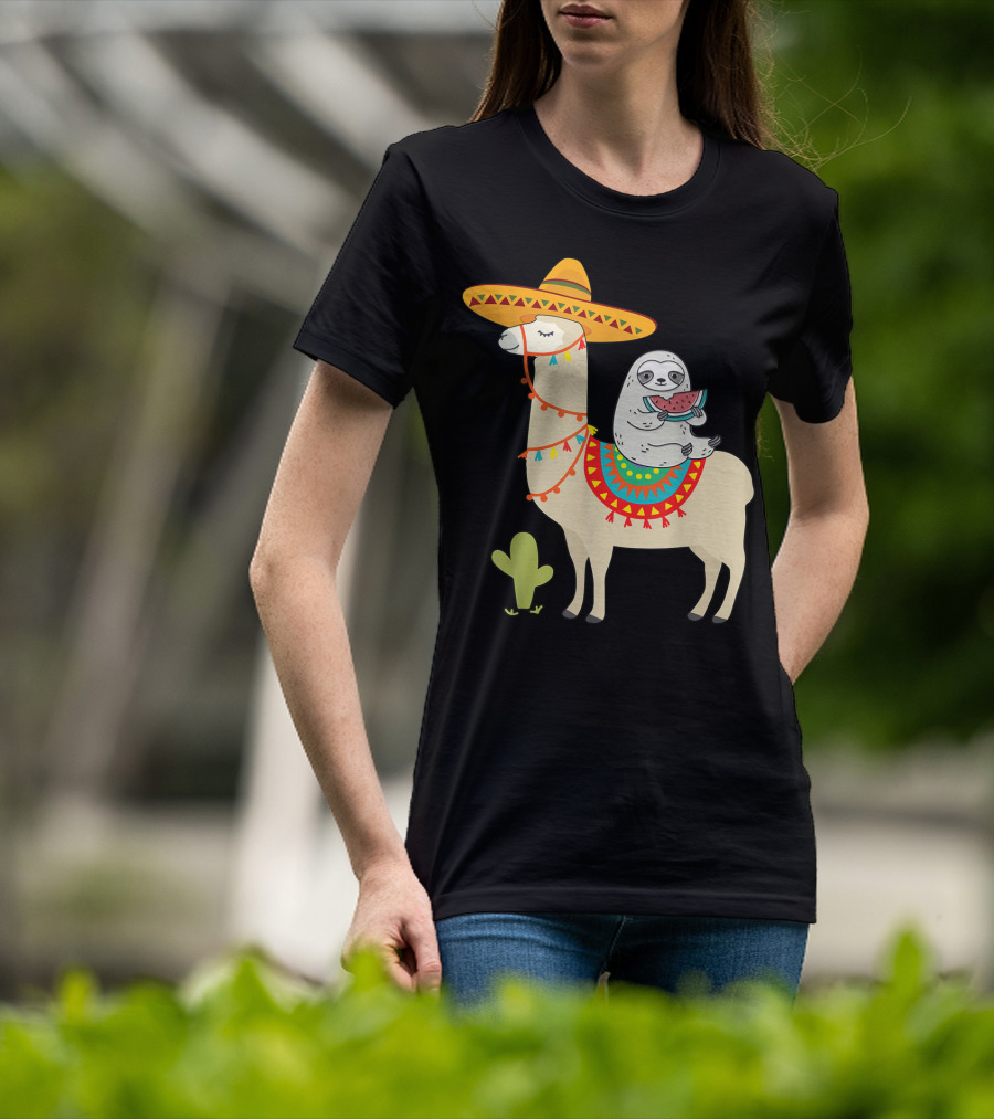 Cinco De Mayo Sloth Riding Llama Fiesta With Sombrero And Cactus T-Shirt