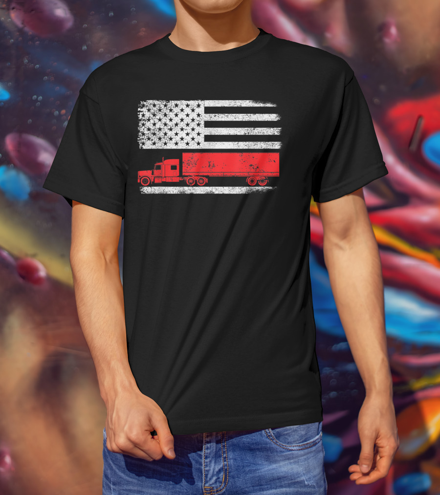 USA Flag American Trucker Red Semi Truck T-Shirt