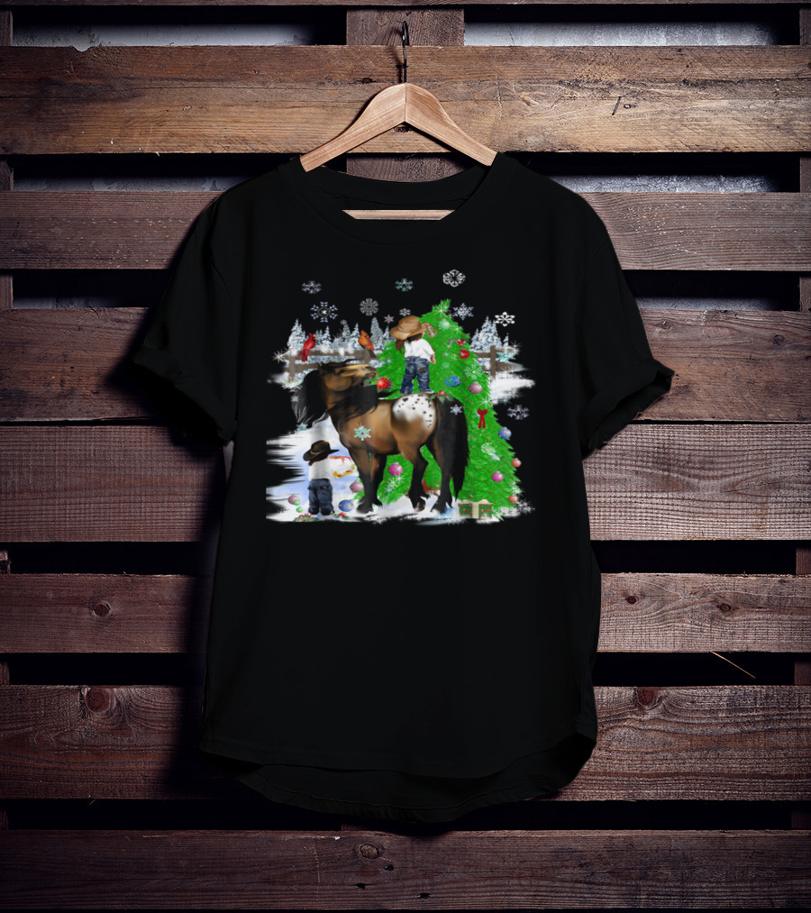 Holiday Cowboy Christmas Scene With Horse Snowflakes And Tree T-Shirt