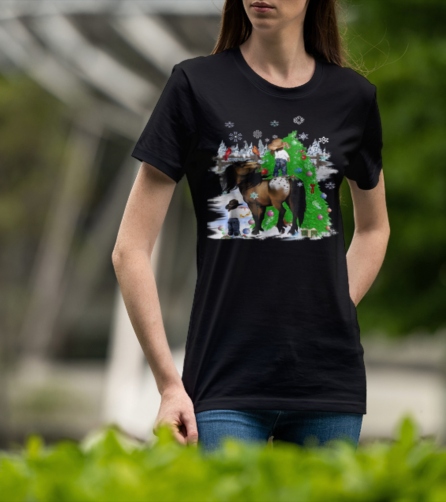 Holiday Cowboy Christmas Scene With Horse Snowflakes And Tree T-Shirt