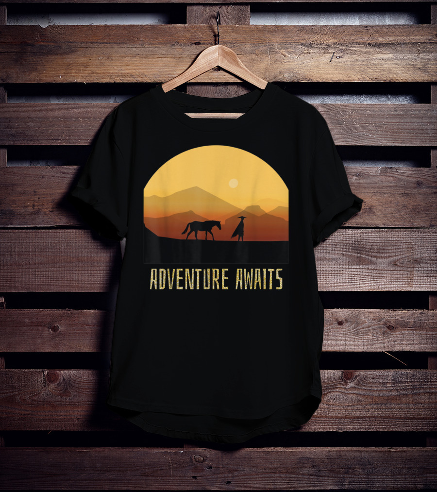 Adventure Awaits Sunset Man Horse Mountains T-Shirt
