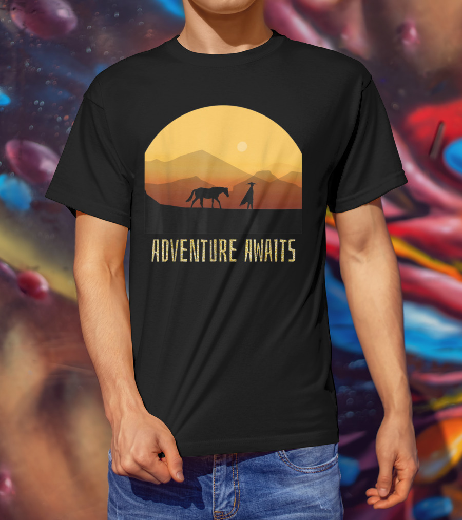 Adventure Awaits Sunset Man Horse Mountains T-Shirt