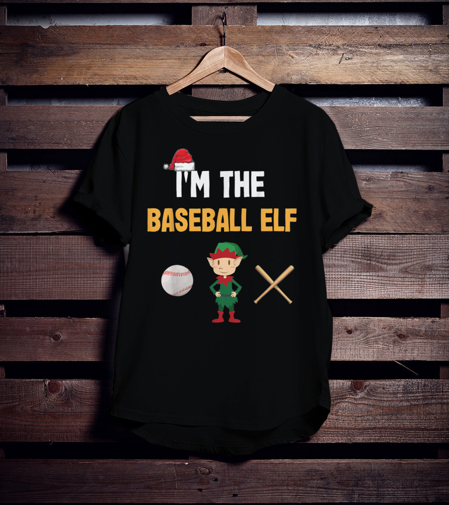 I'm The Baseball Elf Santa Hat Baseball Emoji Elf Bat Cross T-Shirt