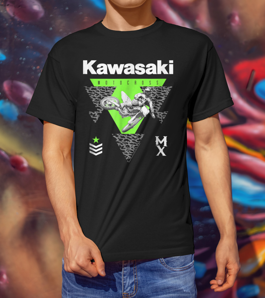 Kawasaki Motocross Classic Look 27272 MX Rider With Green Triangle And Chevron Star T-Shirt