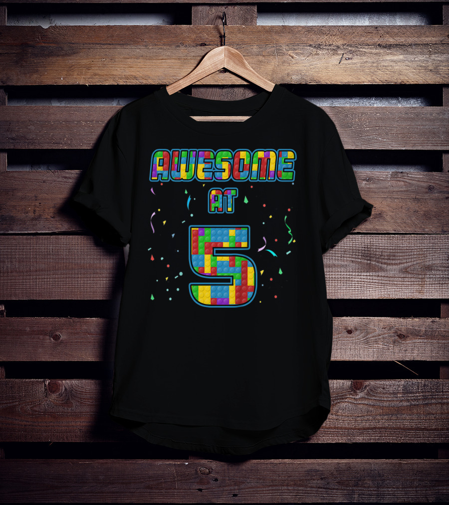 AWESOME AT 5 Kids 5 Years Old Birthday Age Five Blocks T-Shirt