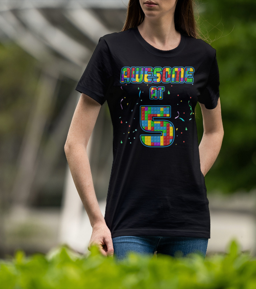 AWESOME AT 5 Kids 5 Years Old Birthday Age Five Blocks T-Shirt