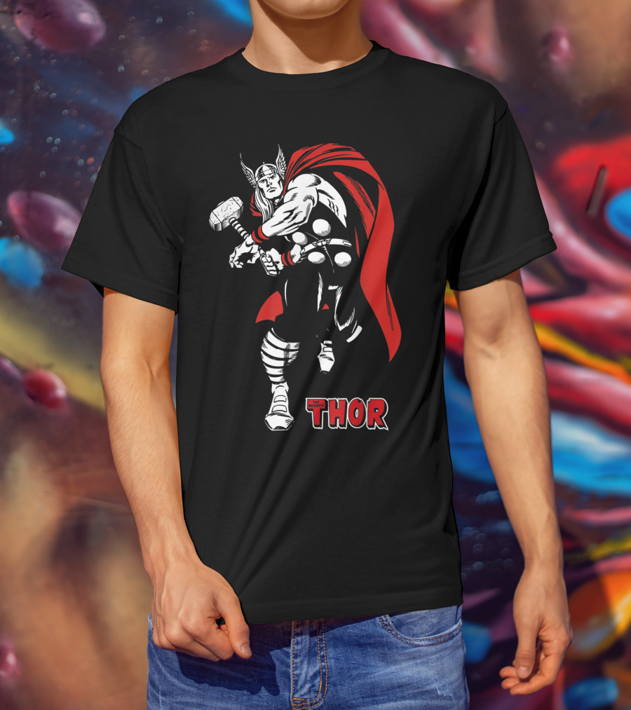 Marvel Comics Thor Mighty Hammer Swing Red Cape T-Shirt
