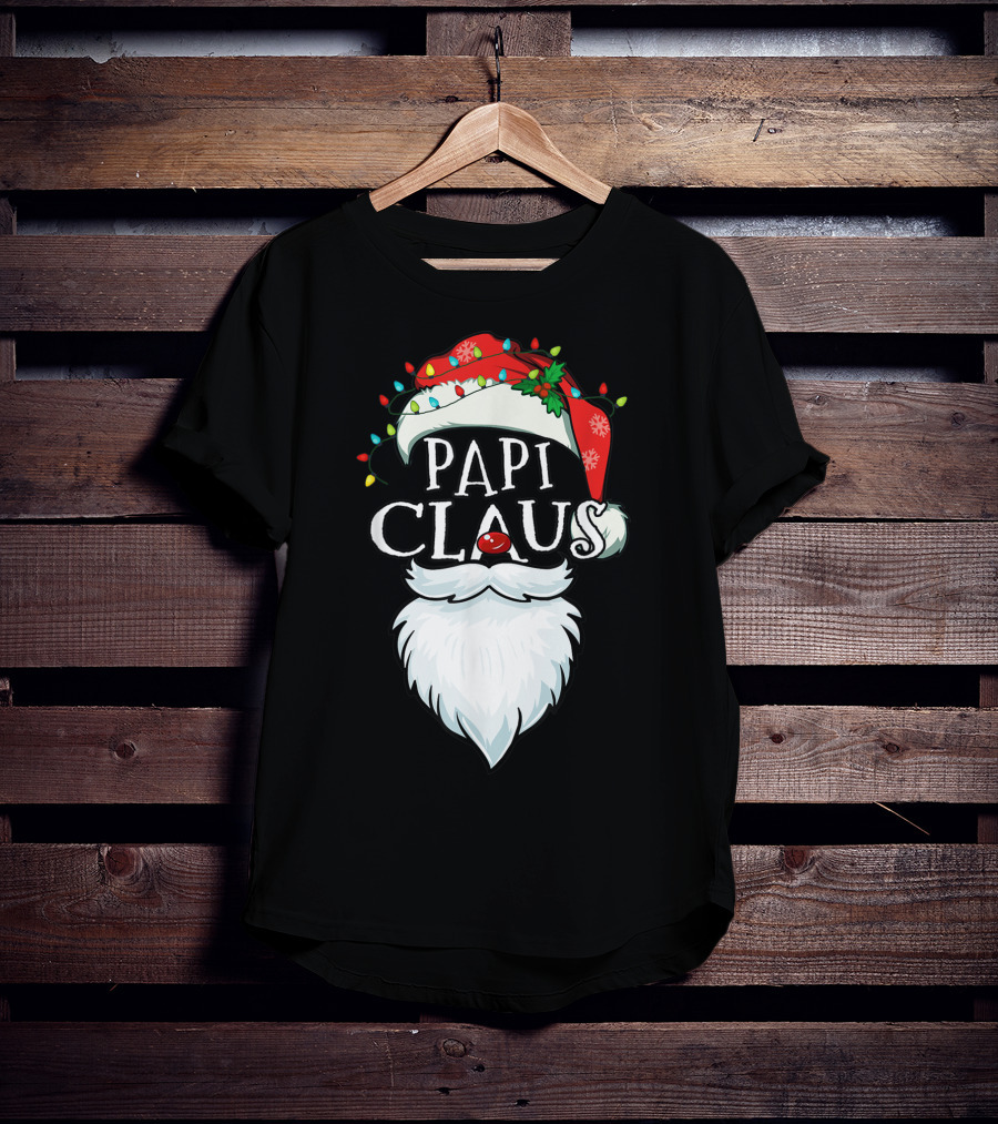 Mens Papi Claus Santa Hat Xmas Costume Family Beard Lights T-Shirt