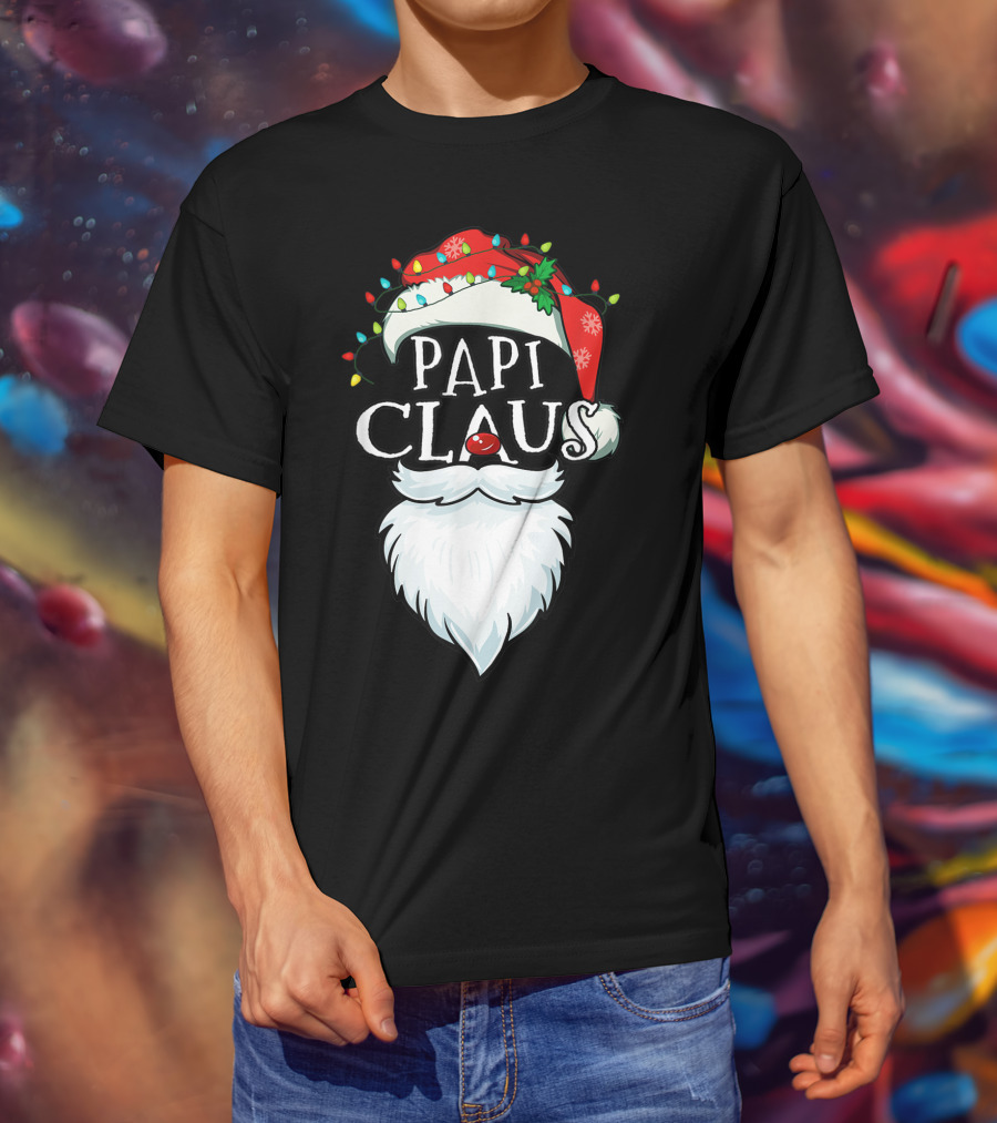 Mens Papi Claus Santa Hat Xmas Costume Family Beard Lights T-Shirt