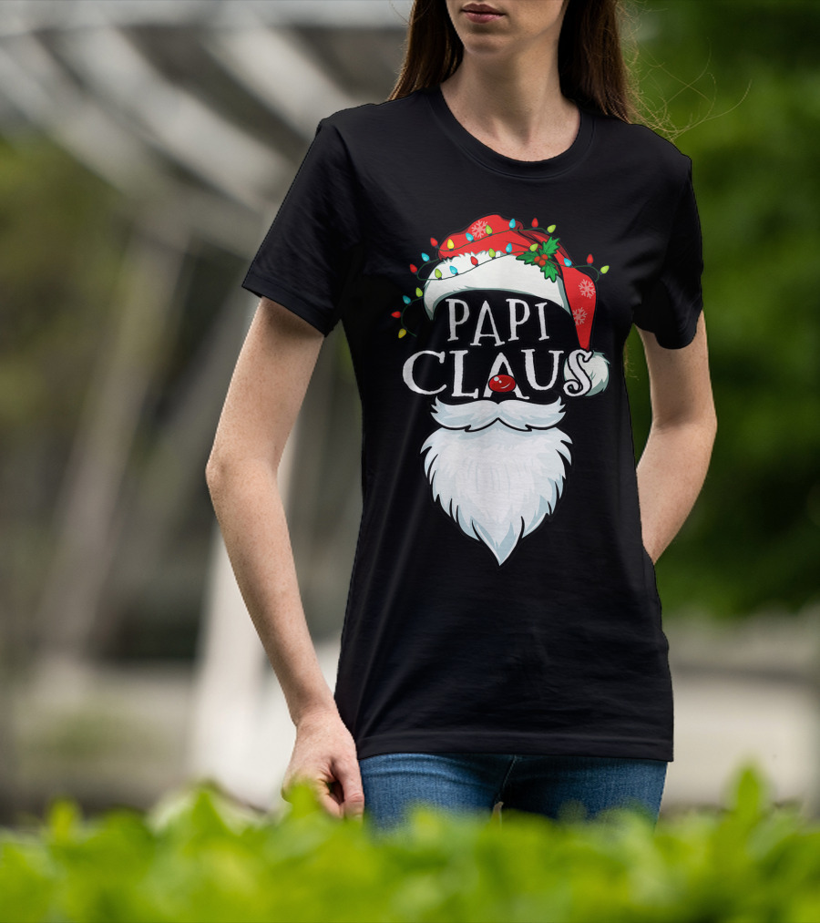 Mens Papi Claus Santa Hat Xmas Costume Family Beard Lights T-Shirt