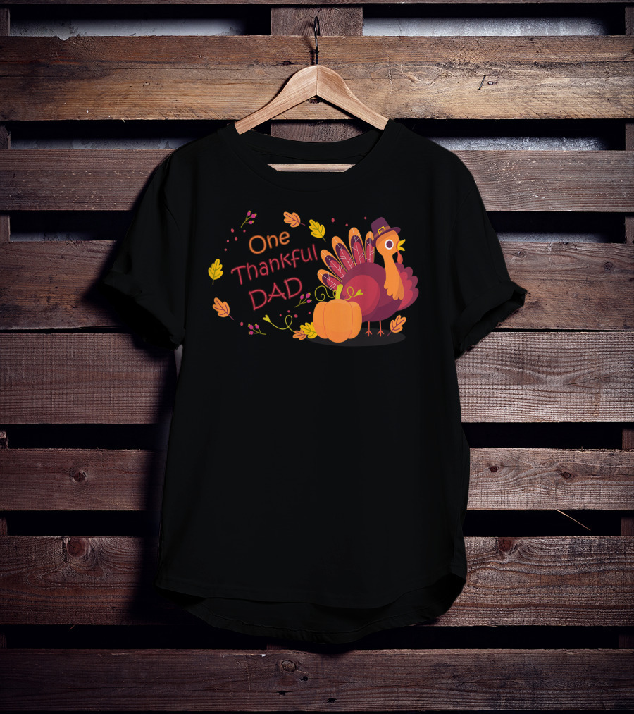 One Thankful Dad Turkey With Pumpkin And Autumn Leaves T-Shirt