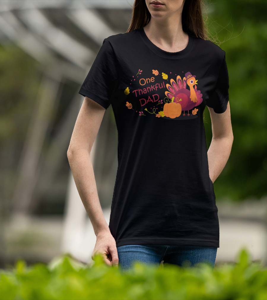 One Thankful Dad Turkey With Pumpkin And Autumn Leaves T-Shirt
