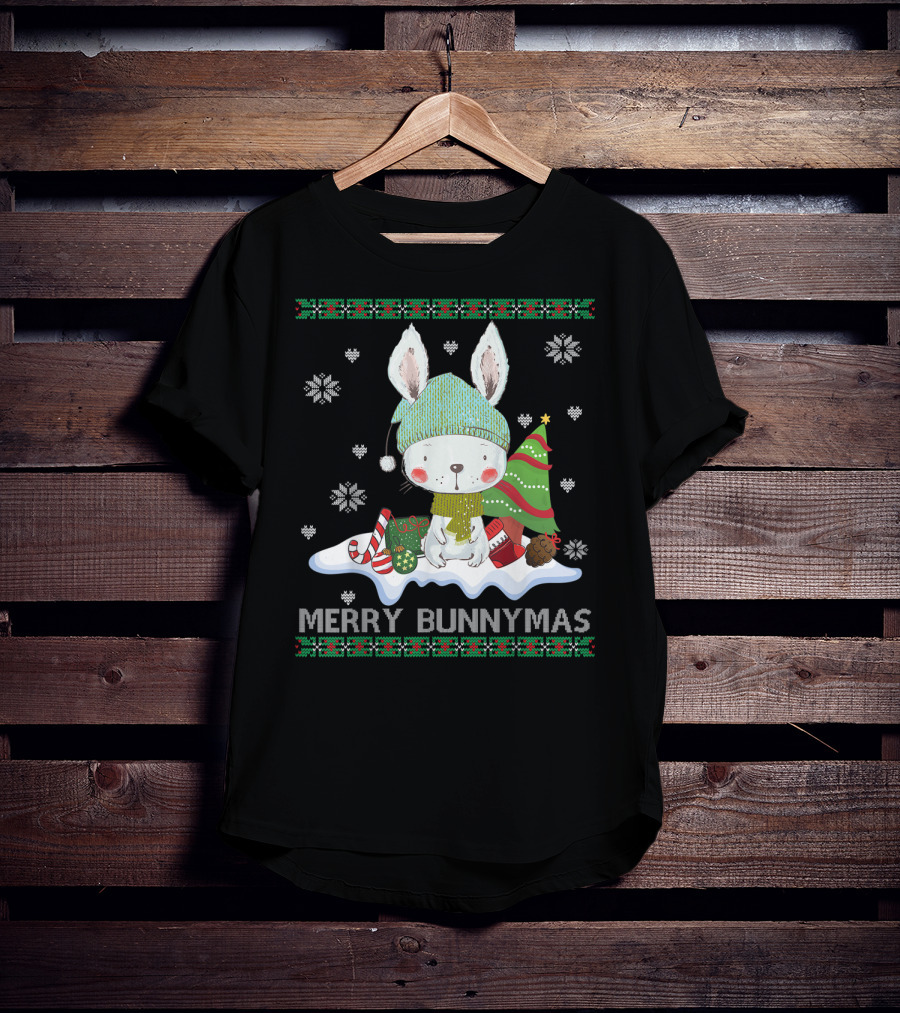 Merry Bunnymas Cute Bunny With Santa Hat And Christmas Tree T-Shirt