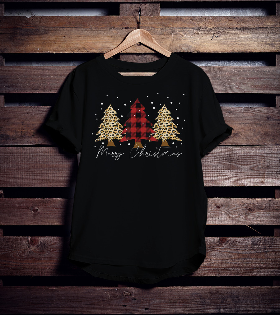 Merry Christmas Leopard Plaid Xmas Trees T-Shirt