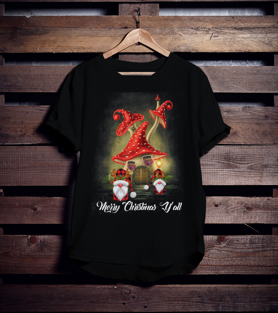 Merry Christmas Y'all Gnome Red Mushroom House T-Shirt