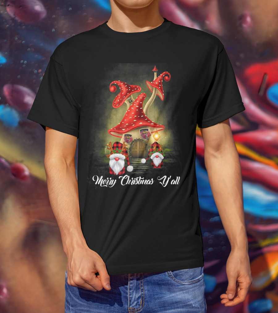 Merry Christmas Y'all Gnome Red Mushroom House T-Shirt