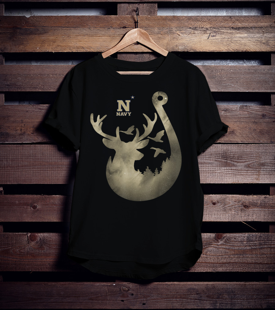 Navy Midshipmen Deer Galaxy Hook With Birds And Starry Sky T-Shirt