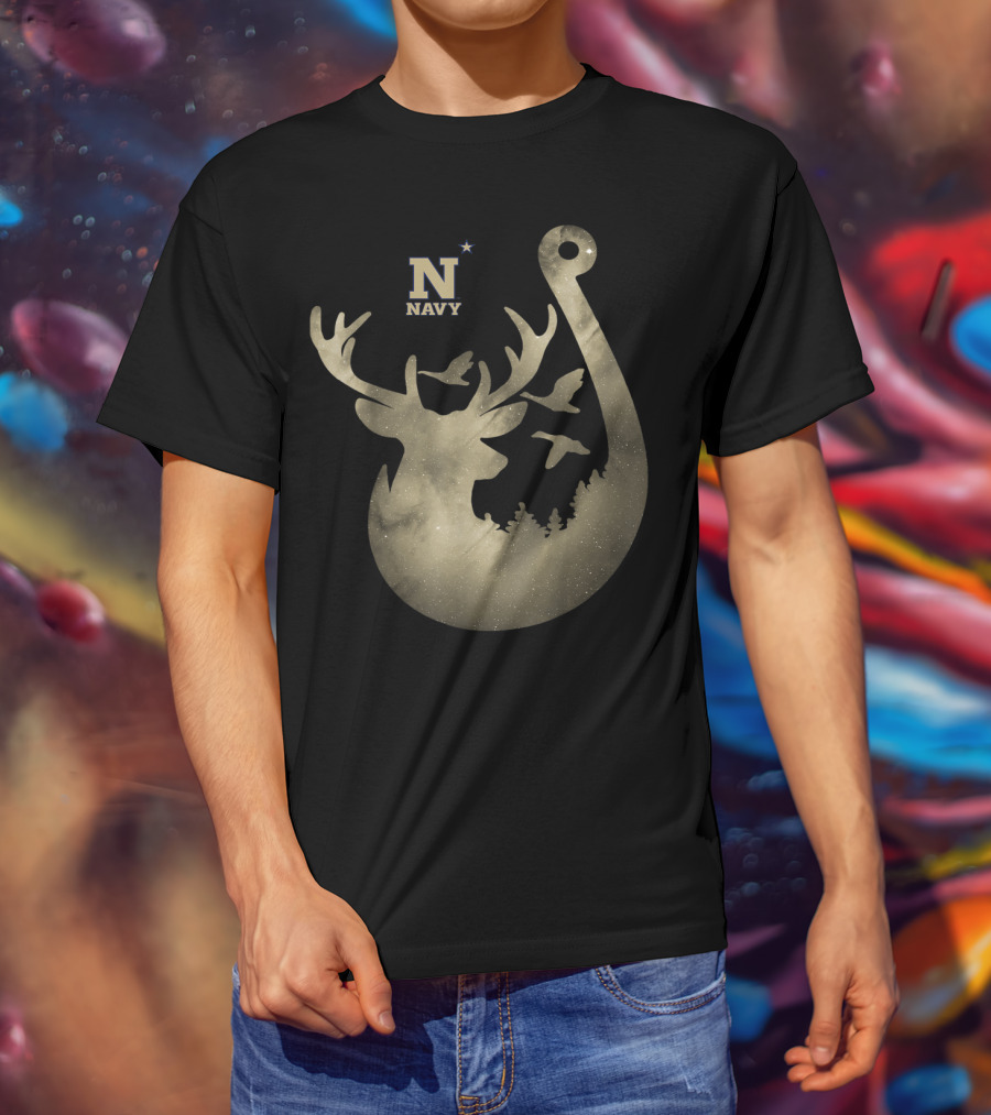 Navy Midshipmen Deer Galaxy Hook With Birds And Starry Sky T-Shirt