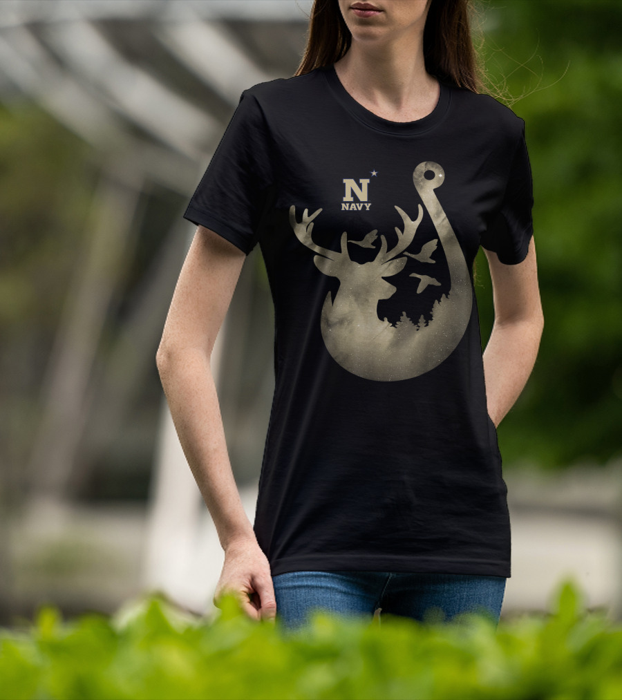 Navy Midshipmen Deer Galaxy Hook With Birds And Starry Sky T-Shirt