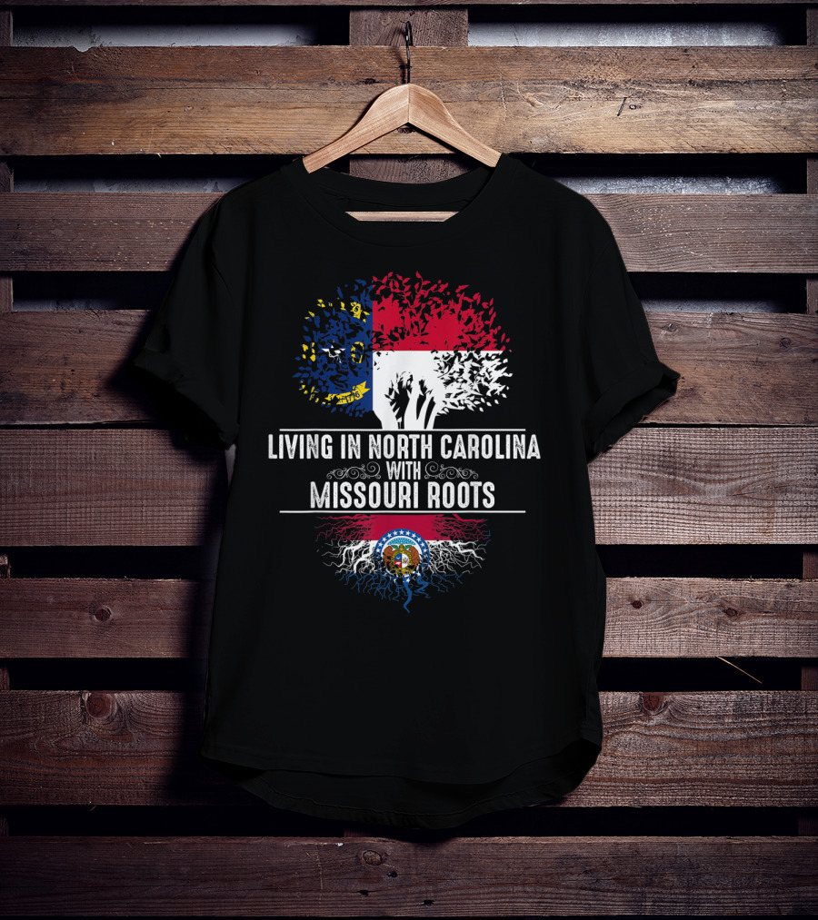 LIVING IN NORTH CAROLINA WITH MISSOURI ROOTS State Flags Tree Roots Blend T-Shirt