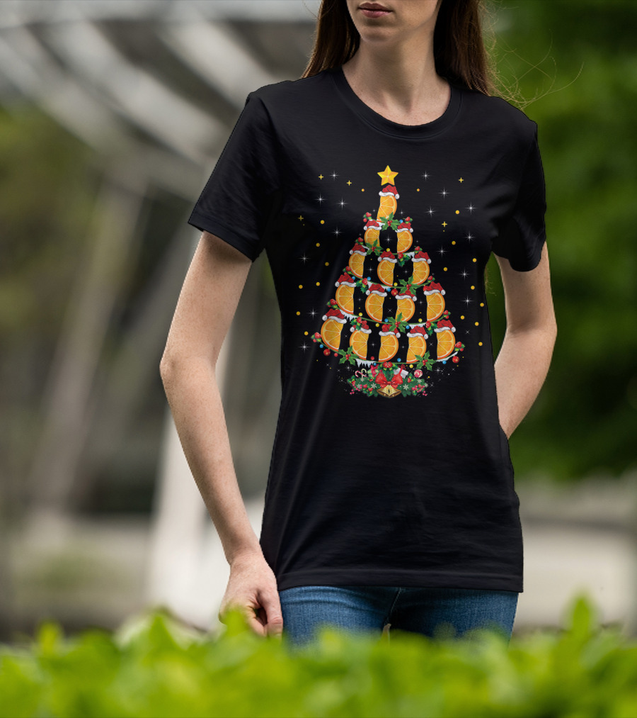 Orange Christmas Tree With Citrus Fruit And Santa Hats T-Shirt