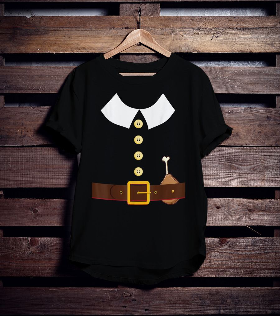 Pilgrim Costume Black Collar Buttons Belt Chicken Leg Colonist T-Shirt