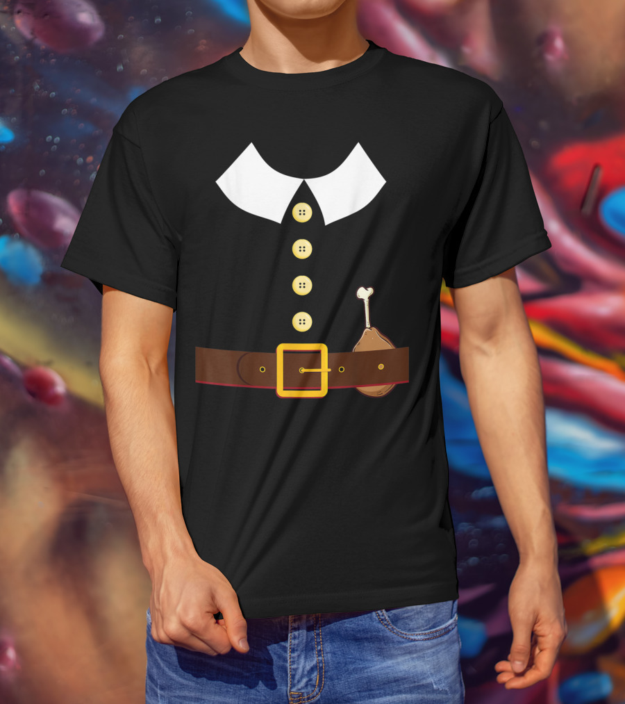 Pilgrim Costume Black Collar Buttons Belt Chicken Leg Colonist T-Shirt