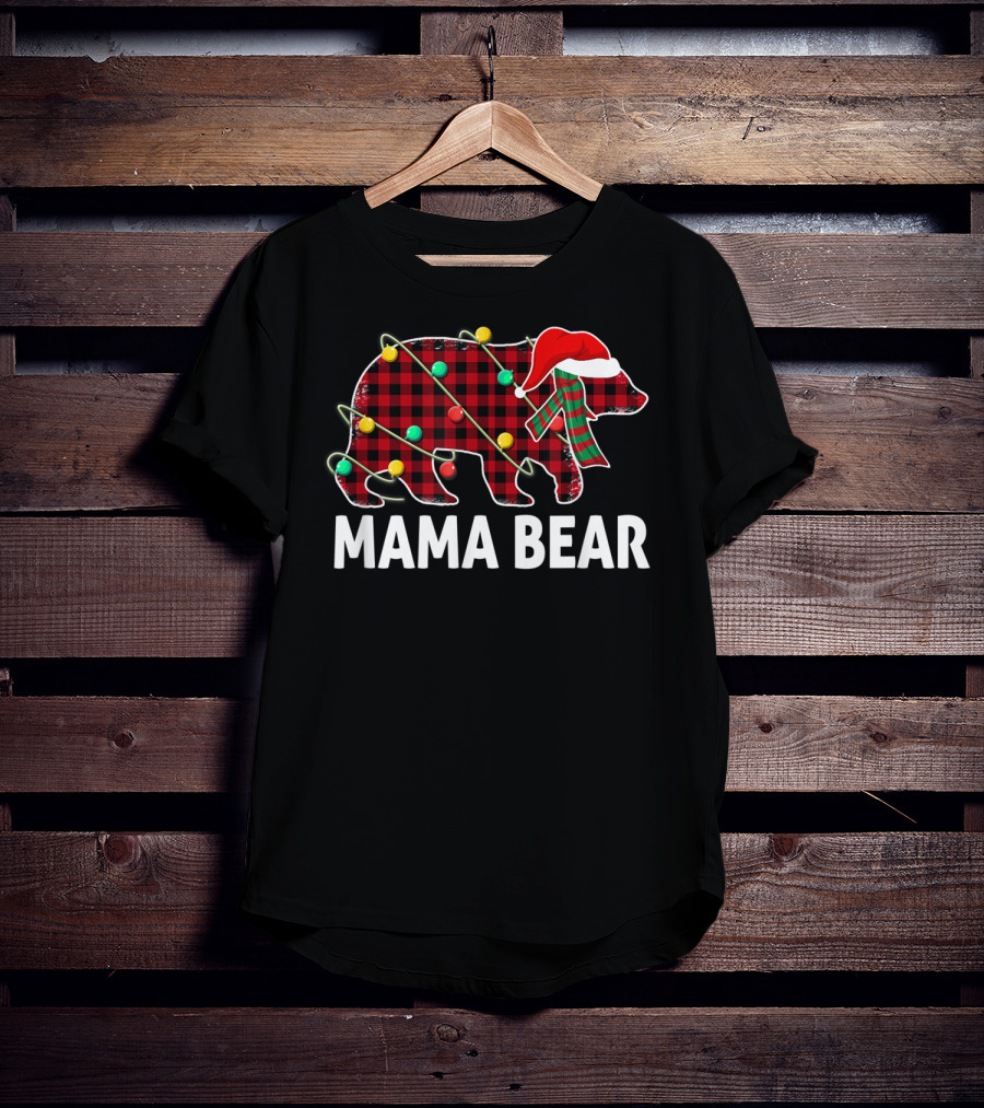 Mama Bear Plaid Santa Hat Christmas Lights T-Shirt