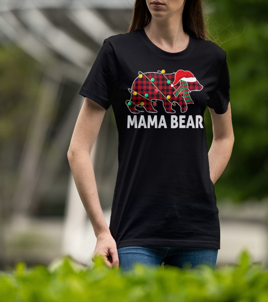 Mama Bear Plaid Santa Hat Christmas Lights T-Shirt