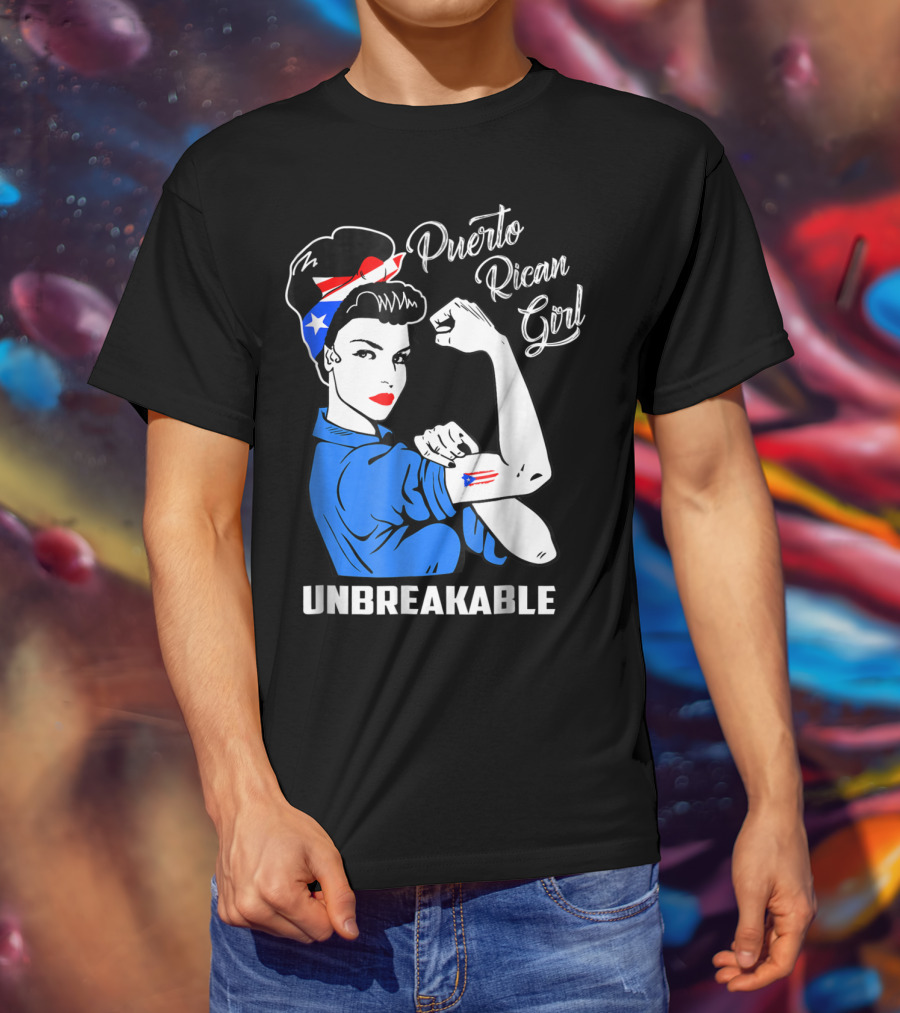 Puerto Rican Girl Unbreakable Rosie The Riveter Flag Tattoo Heritage T-Shirt