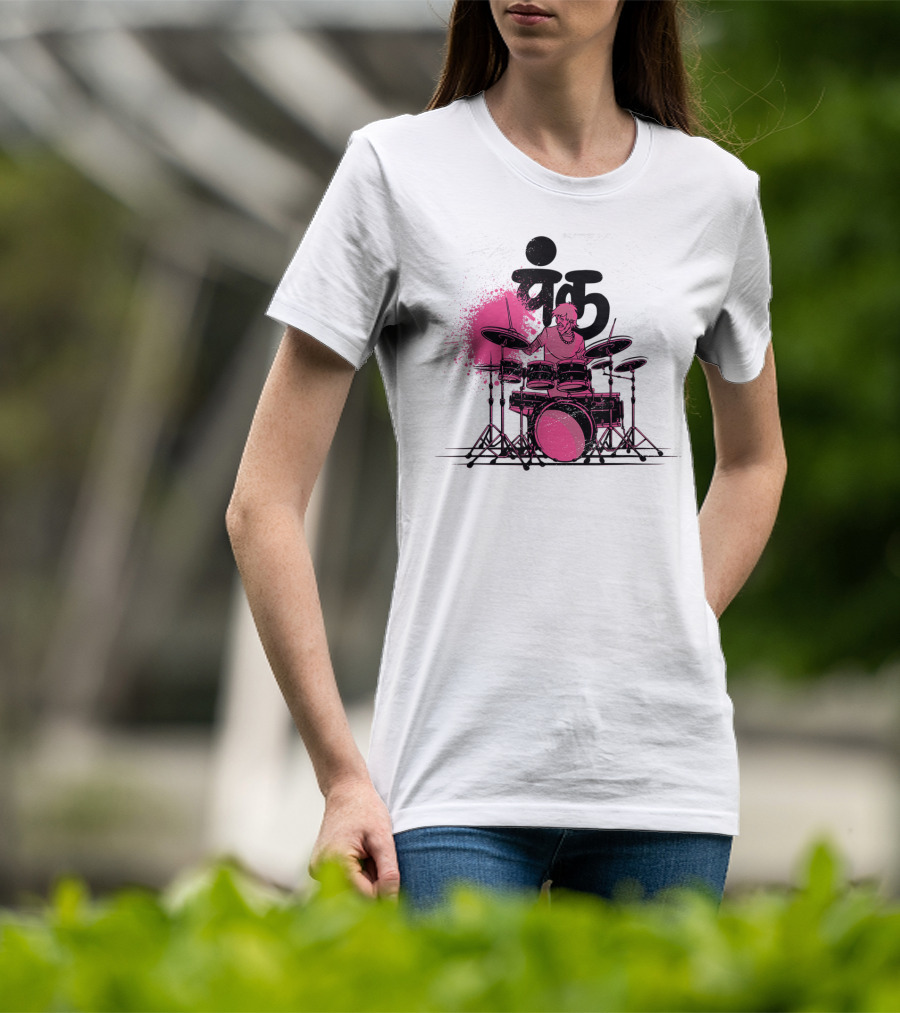 Pink Punk Band Drummer Graphic With Drum Set And Grunge Effect T-Shirt