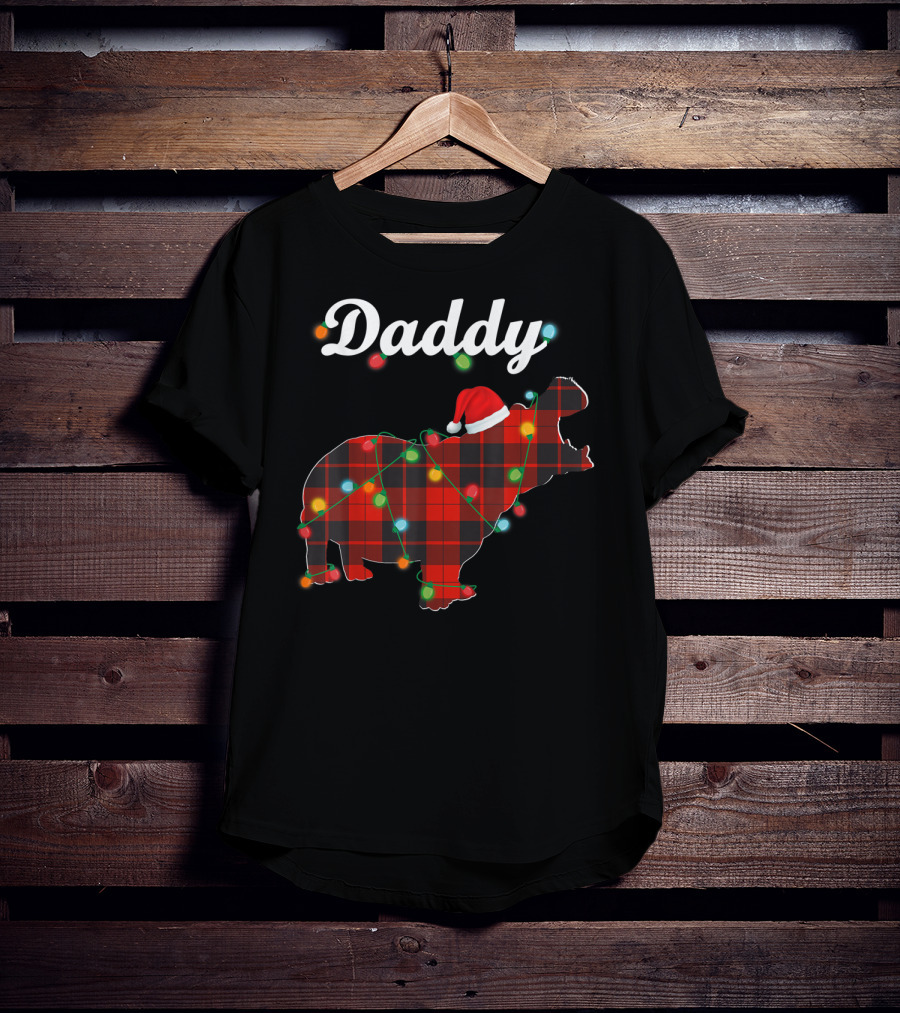 Daddy Red Plaid Hippopotamus Christmas Lights Santa Hat T-Shirt