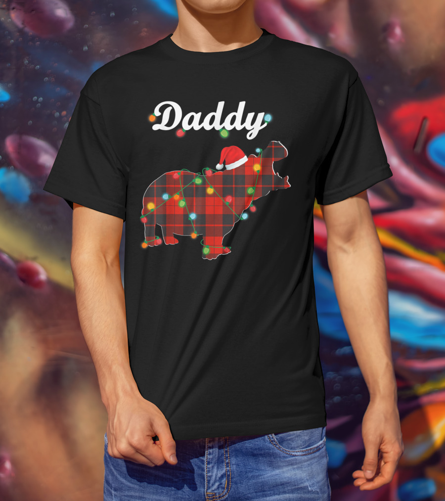 Daddy Red Plaid Hippopotamus Christmas Lights Santa Hat T-Shirt
