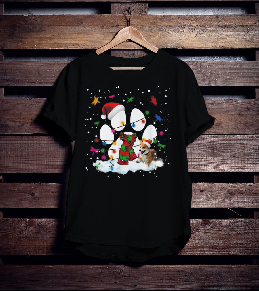 Santa Corgi Paw Print Christmas Lights Snowflakes T-Shirt
