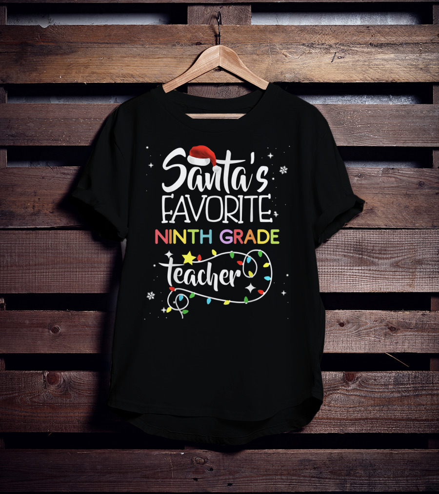 Santa's Favorite Ninth Grade Teacher Christmas Lights Snowflakes T-Shirt