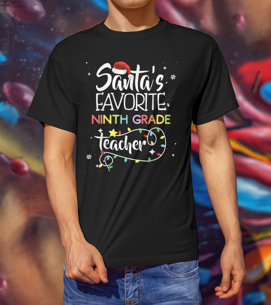 Santa's Favorite Ninth Grade Teacher Christmas Lights Snowflakes T-Shirt