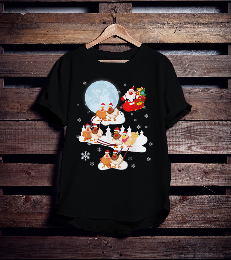 Santa Sleigh Sled Riding Chickens Full Moon Christmas Snowflakes T-Shirt