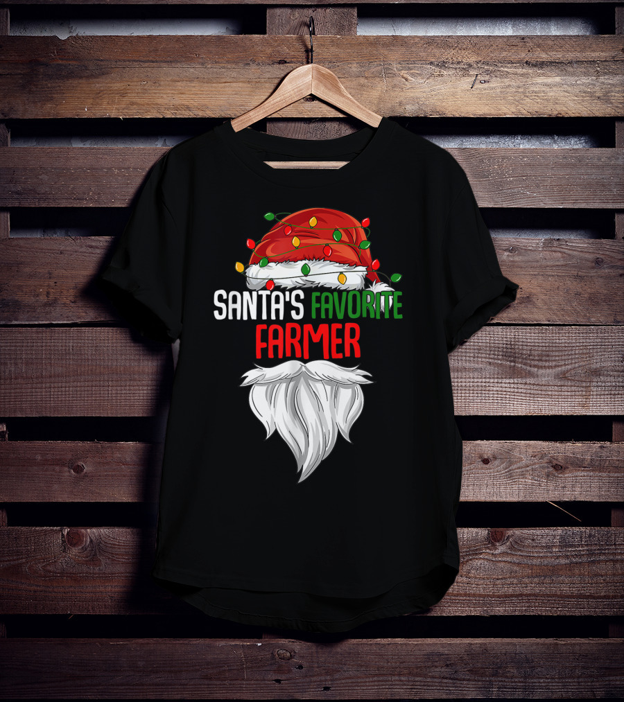 Santa's Favorite Farmer Christmas Beard And Hat Lights T-Shirt