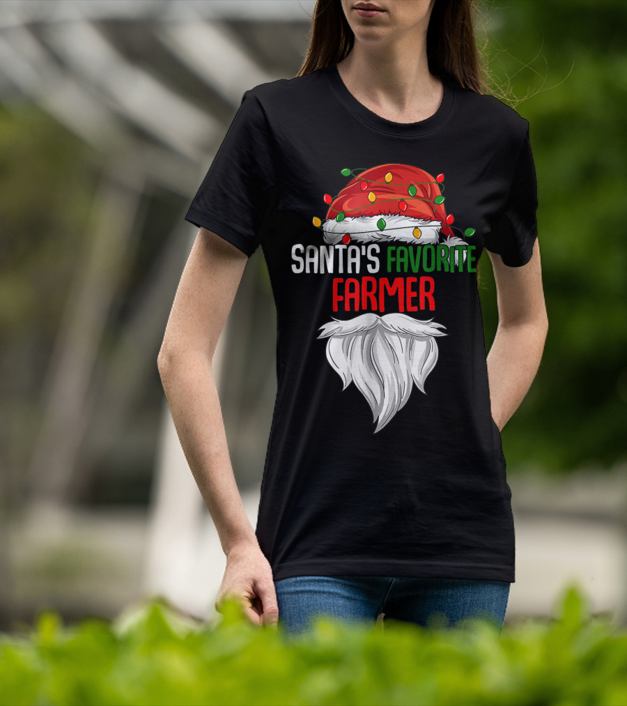 Santa's Favorite Farmer Christmas Beard And Hat Lights T-Shirt