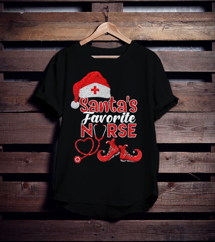 Santa's Favorite Nurse Heart Stethoscope Elf Shoes Merry Xmas Party T-Shirt