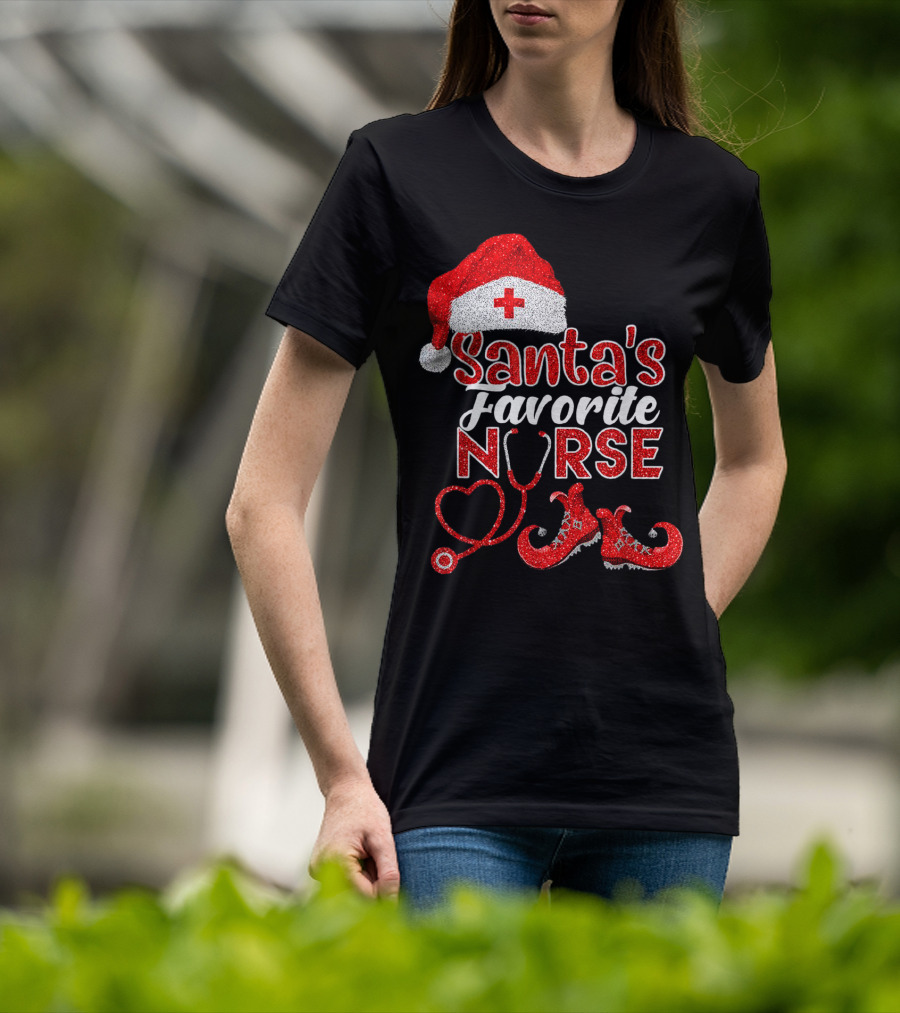 Santa's Favorite Nurse Heart Stethoscope Elf Shoes Merry Xmas Party T-Shirt