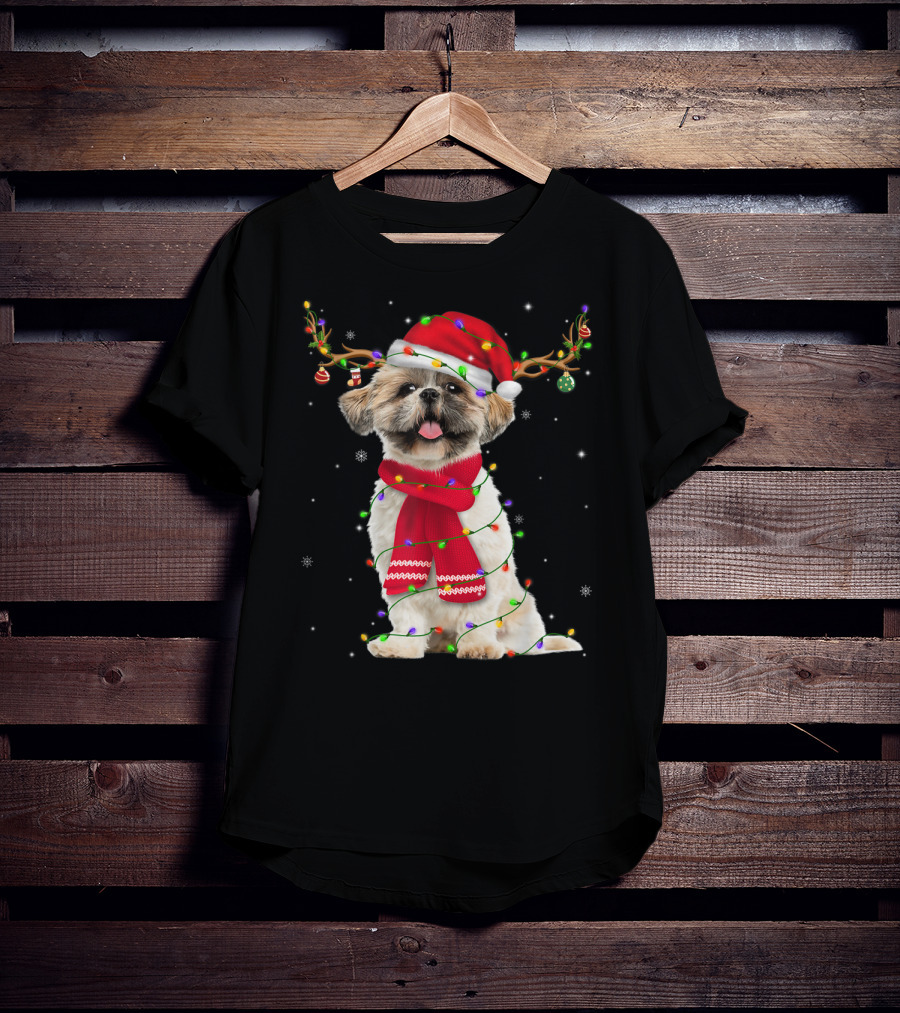 Shih Tzu Christmas Reindeer Antlers Red Scarf Santa Hat Festive Lights T-Shirt