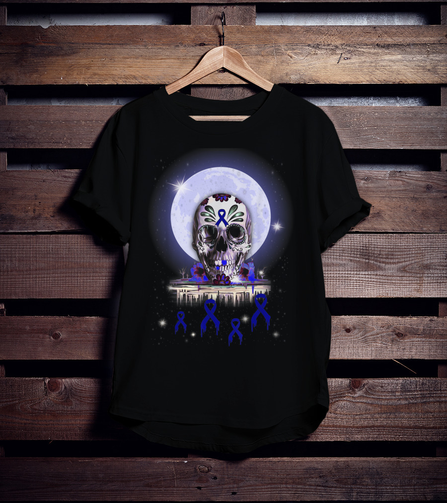 Skull With Floral Motifs And Blue Ribbon In Front Of Full Moon For Rectal Cancer Awareness T-Shirt