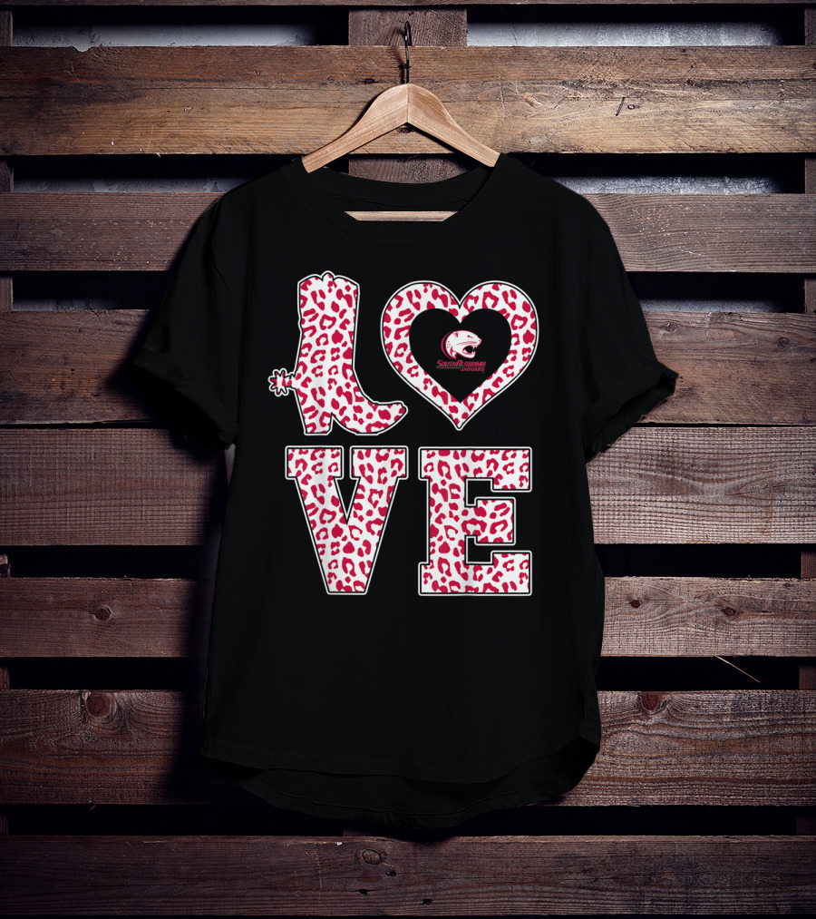 South Alabama Jaguars Leopard Print Love Logo Graduation T-Shirt