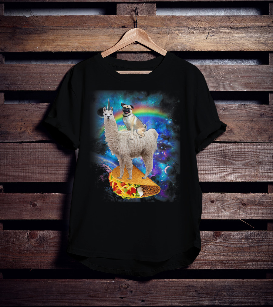 Space Pug On Llama With Taco In Galaxy Background T-Shirt