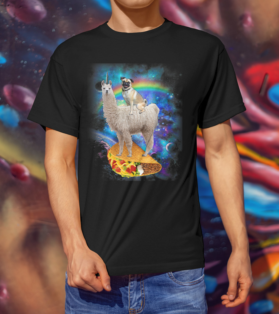 Space Pug On Llama With Taco In Galaxy Background T-Shirt