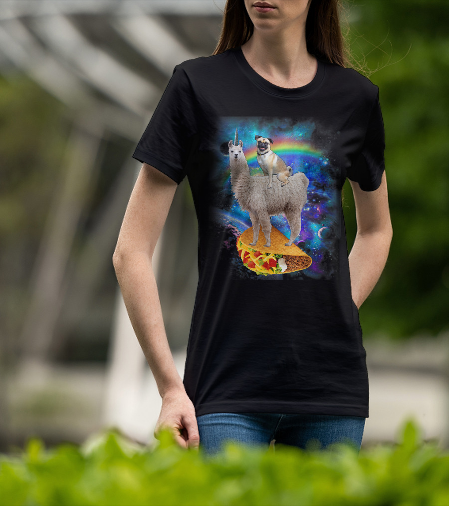 Space Pug On Llama With Taco In Galaxy Background T-Shirt