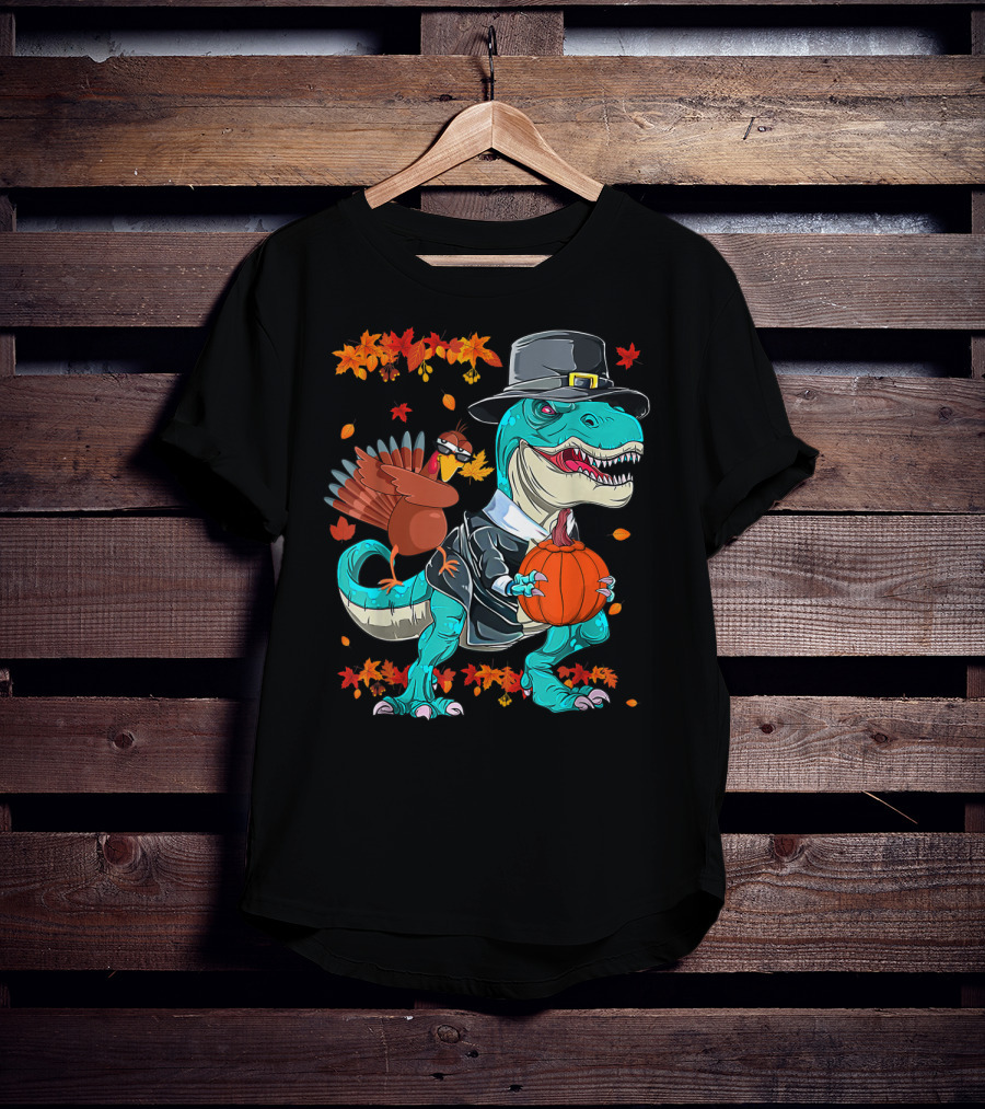 Thanksgiving Pilgrim T-Rex Dinosaur Dabbing Turkey With Pumpkin And Autumn Leaves T-Shirt