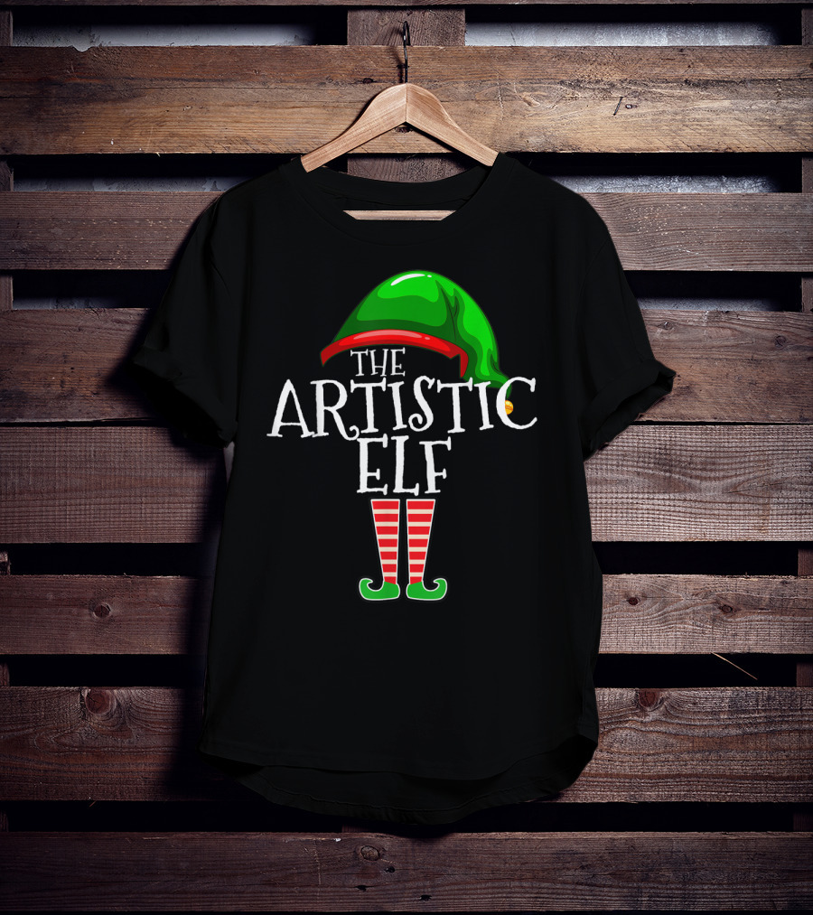 The Artistic Elf Green Hat Red Striped Socks T-Shirt